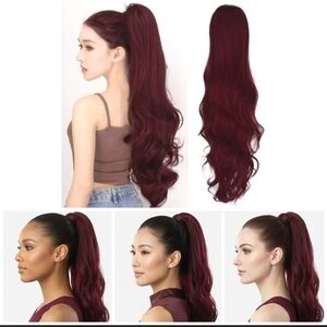 🍎 New Drawstring Ponytail Extension Long Wavy Claret #116 Burgundy Red Hair 28"